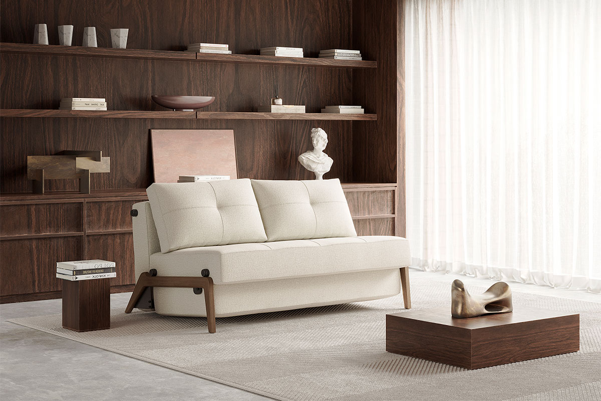 Cubed Wood full size sleeper sofa with wood legs in sofa position