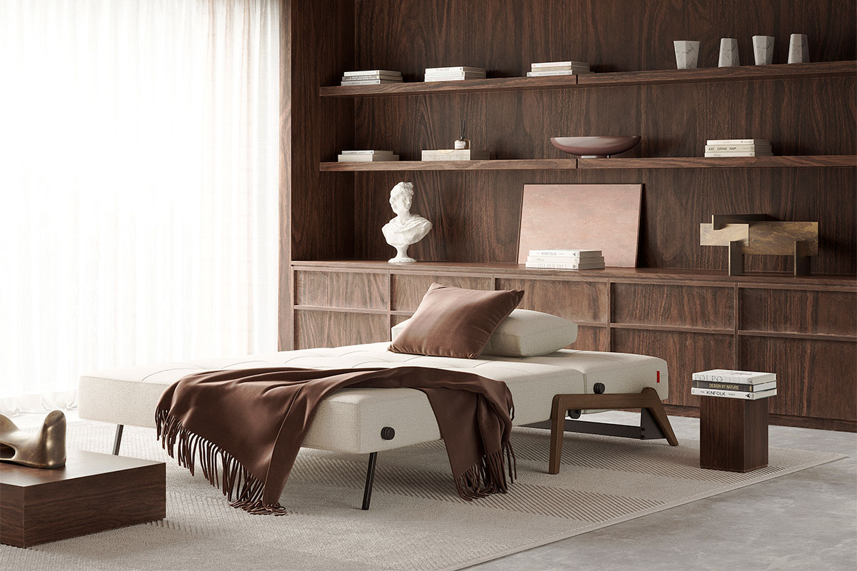 Cubed Wood sleeper sofa converting from sofa to bed