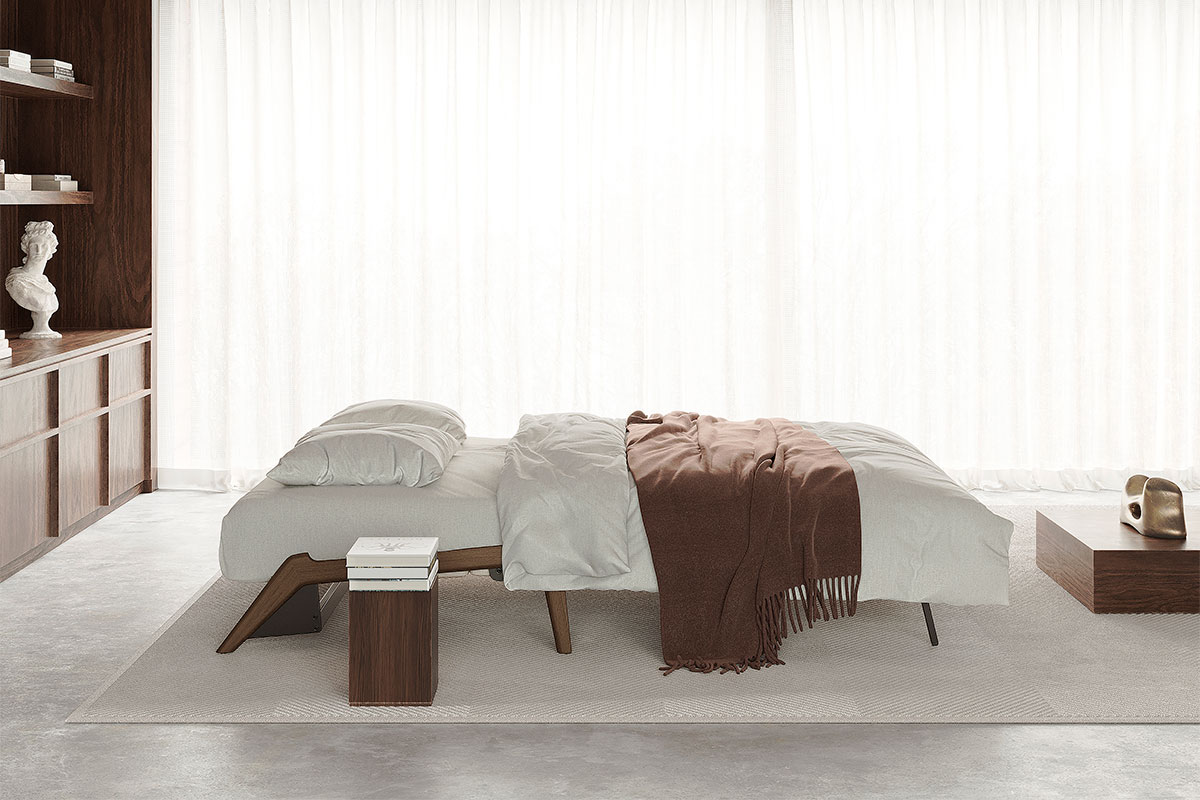 Cubed Wood sleeper sofa showing storage and wood leg detail
