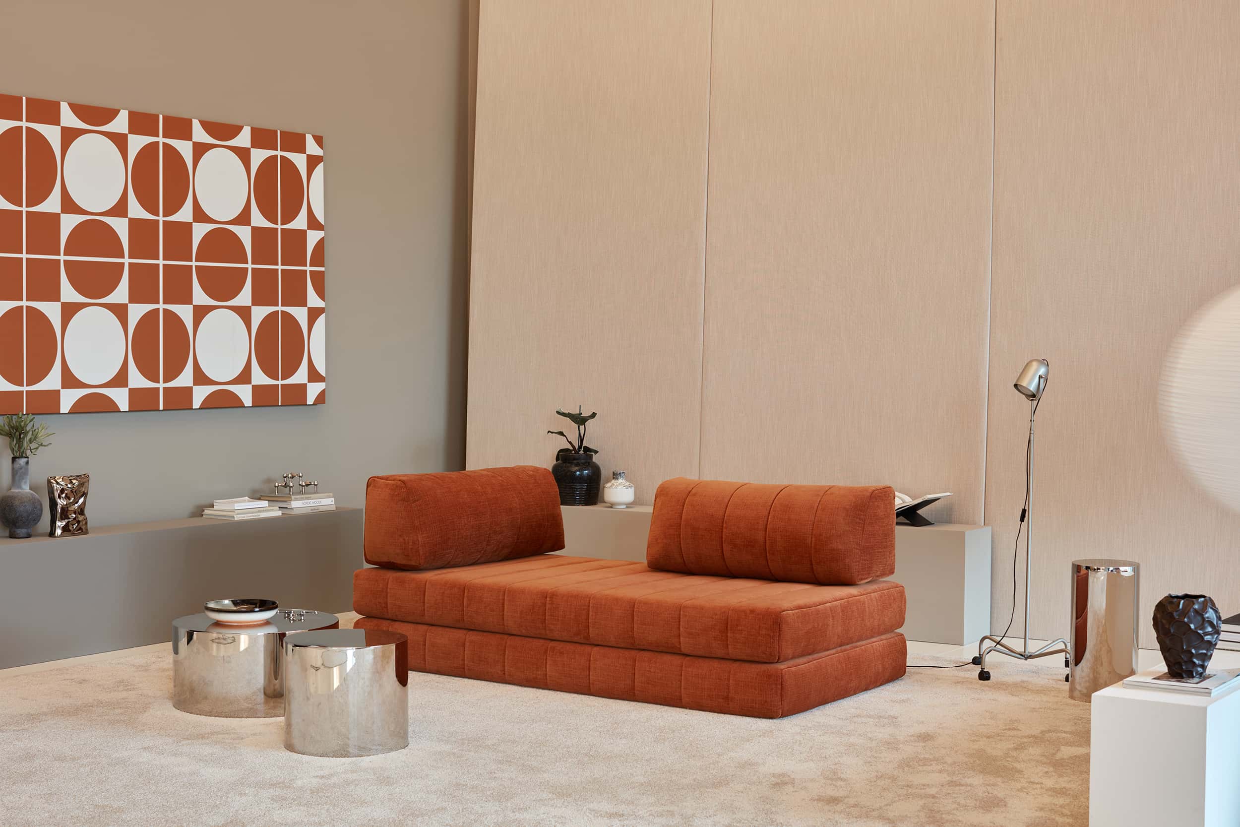 CozyPad Sleeper Sofa in Esina Rust Orange, lifestyle photo