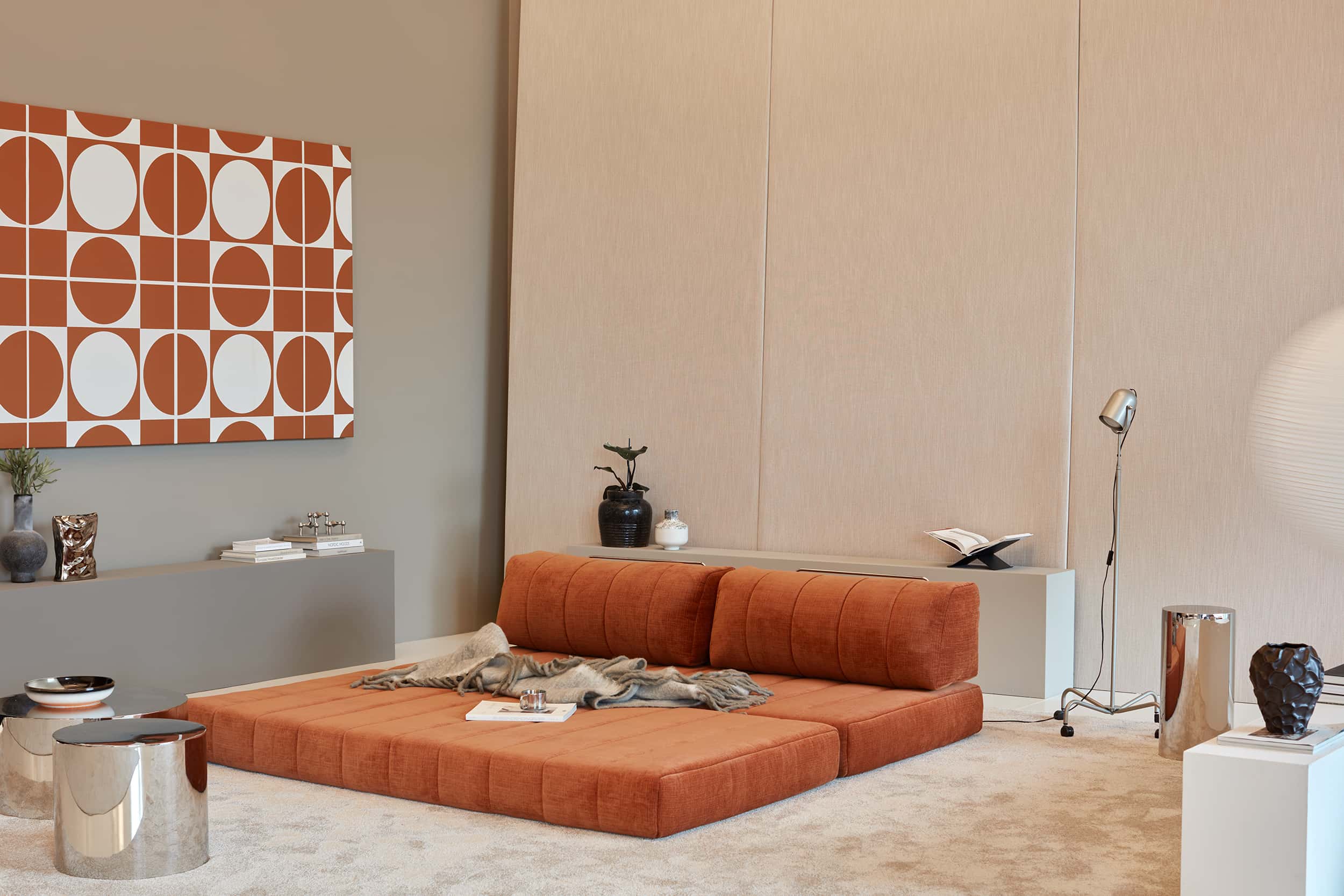 CozyPad Sleeper Sofa in Esina Rust Orange, lifestyle photo