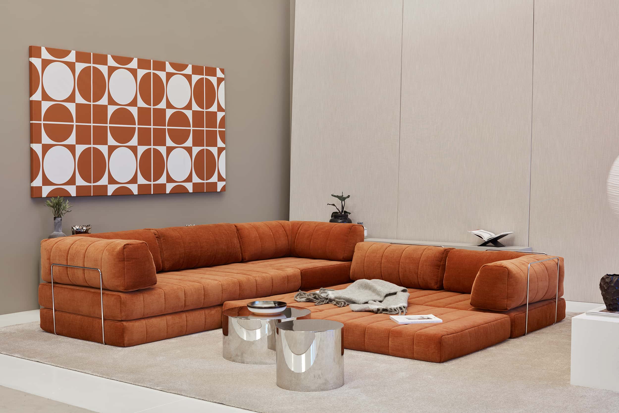 CozyPad Sleeper Sofa Corner with Arms in Esina Rust Orange, lifestyle photo