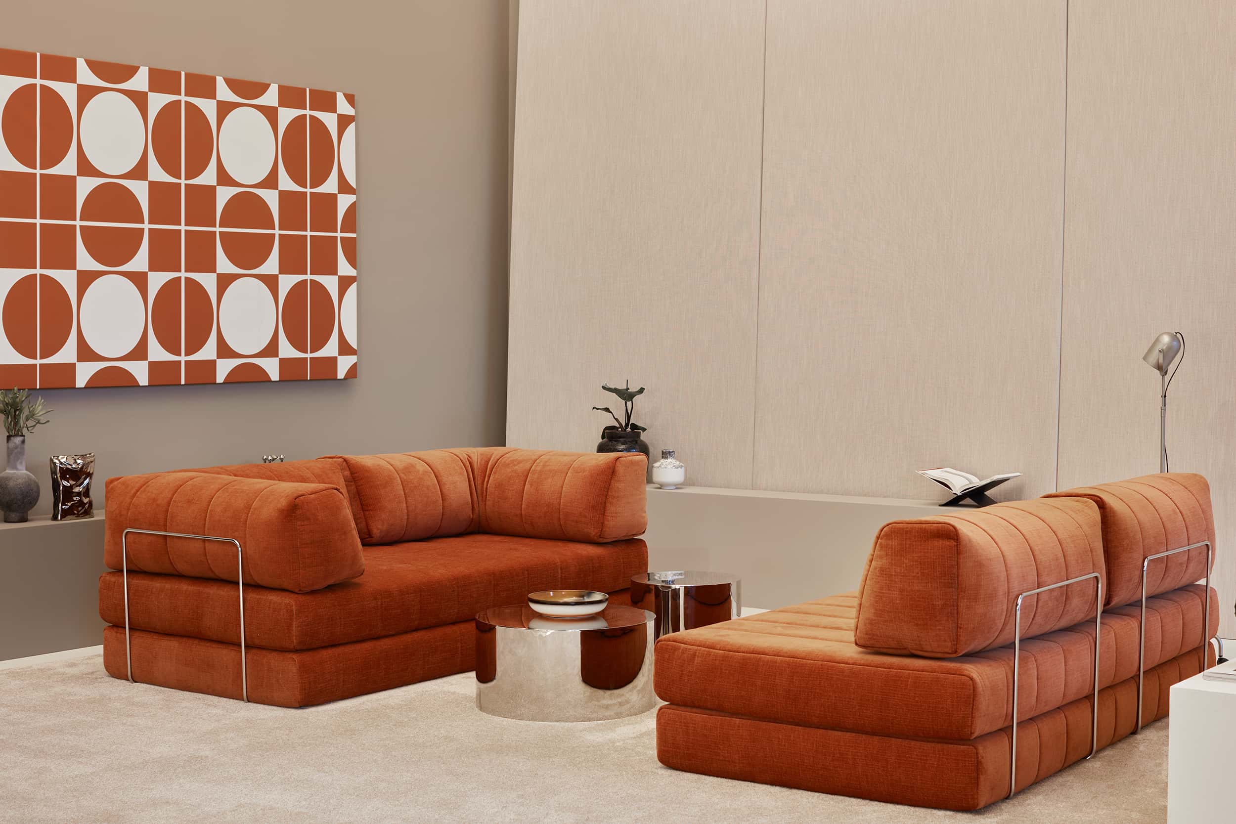 CozyPad Sleeper Sofa L-Shape with Arms in Esina Rust Orange, lifestyle photo