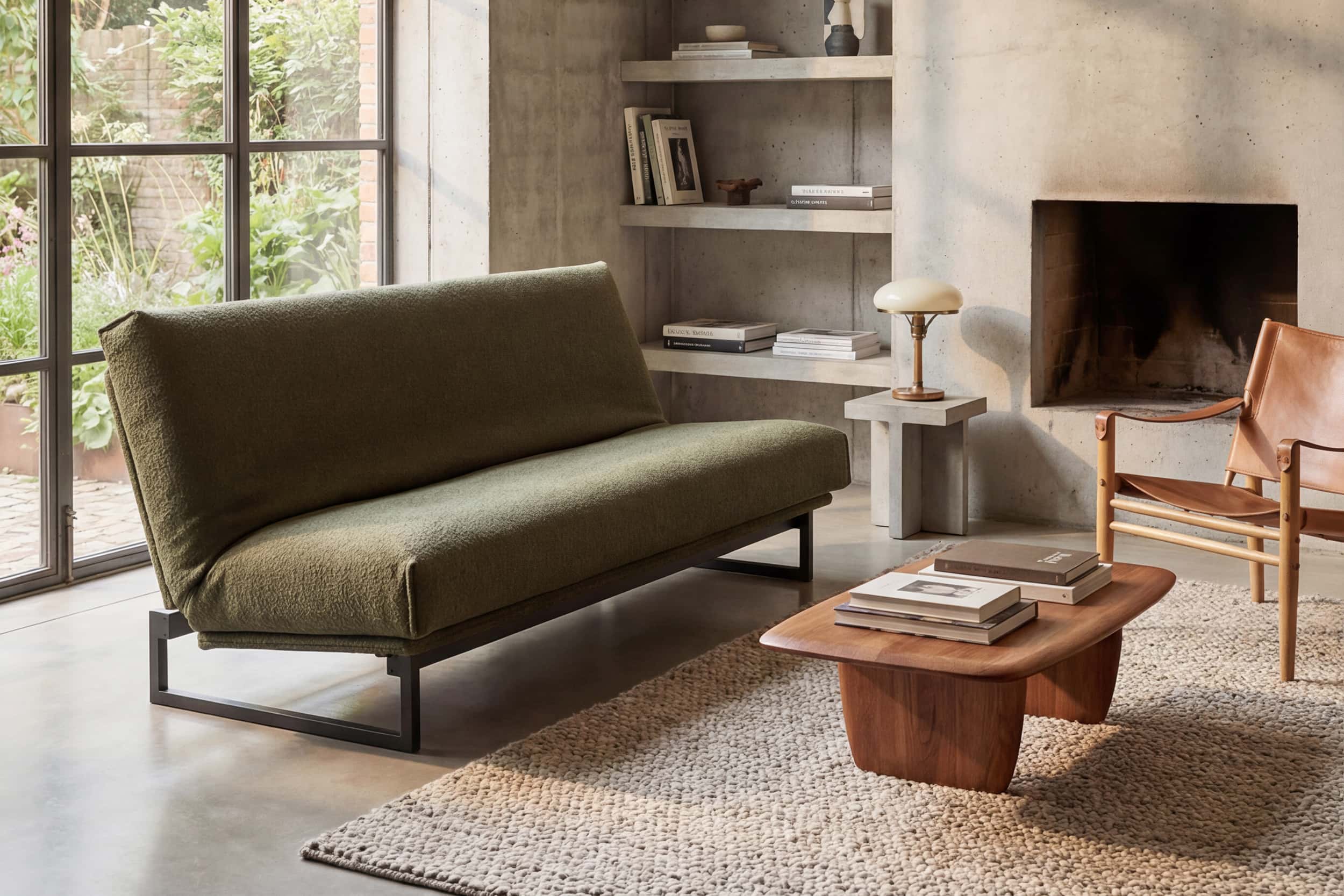 Colpus Futon Sofa Bed with matte black steel legs, lifestyle photo